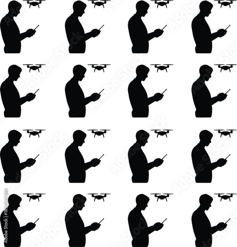 Silhouette of a person controlling a drone in multiple positions