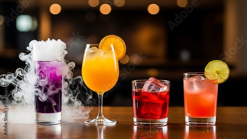 Vibrant craft cocktails including a smoking purple drink and classic margarita displayed on a polished wooden bar top