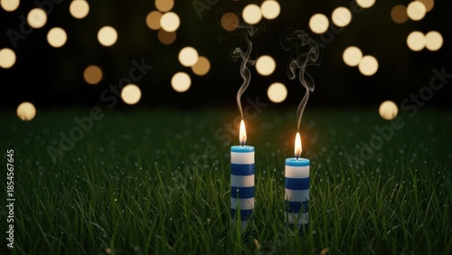 Two blue and white striped candles burning brightly in green grass at night