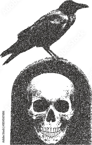 Skull vintage y2k stipple art, bones halftone stipple brutalist retro vector png with transparent background, macabre 2000s aesthetic photocopy effect tattoo