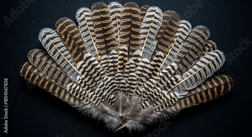 Patterned bird feathers arranged in a fan shape