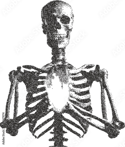 Skeleton vintage y2k stipple art, hand halftone stipple brutalist retro vector png with transparent background, bony 2000s aesthetic photocopy effect tattoo