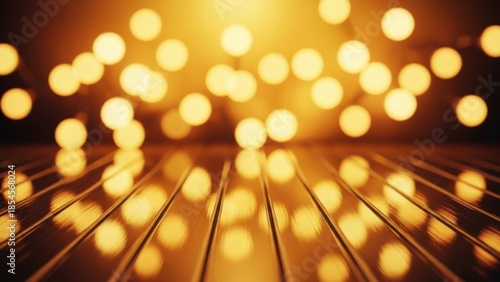 Warm golden bokeh lights reflecting on wooden slats creating cozy ambiance