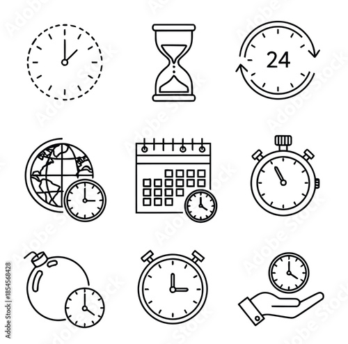 Time Management Icons Set Featuring Clocks, Hourglass, Calendar, Globe, Stopwatch and More