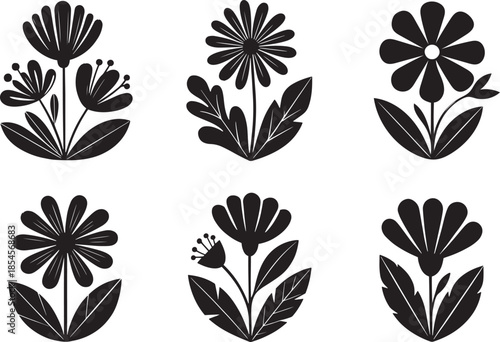 Collection of stylized black and white floral designs with diverse flower and leaf patterns