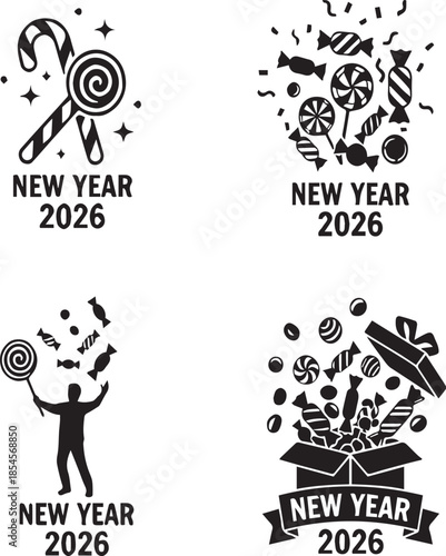 Printnew year 2026, candy silhouette, icon set, minimalist design, black and white, vector graphics, neat and clean, holiday sweets, festive treats, 2026 typography, peppermint silhouette, lollipop ic