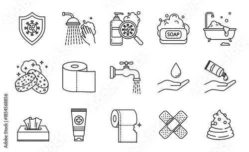 Assorted Hygiene and Health Care Icons Set: Cleaning, Sanitation, First Aid, and Tools