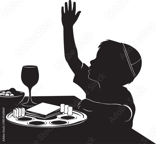 Child raising hand at dinner table