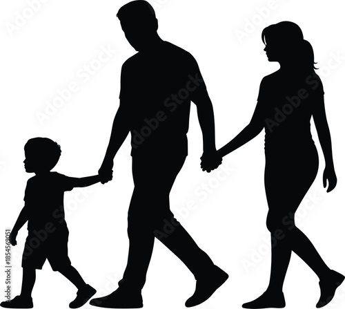Silhouette of a happy family with father mother and son walking together holding hands for parenting