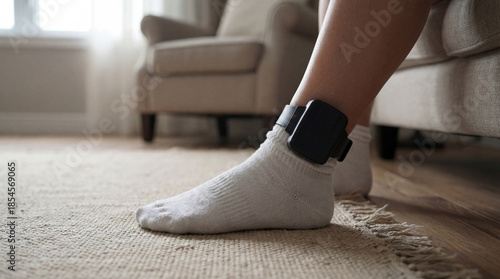 Close up of person wearing electronic ankle monitor at home, concept of surveillance, house arrest, legal restriction and control
