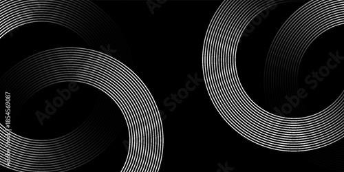 Abstract geometric black and white background with overlapping layers in a bright space with line effect decoration. Circle style concept, modern graphic design element for banner. Vector