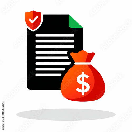 Vector illustration of list document application with shield with check mark and money bag. Symbol of claim. Icon of filing financials new