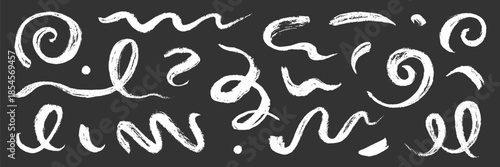 Chinese brush strokes swirl, line curve, calligraphy paint spiral elements. Hand drawn chinese ink brush paint stroke swish, swoosh wave doodles. Grunge texture abstract line. Vector illustration