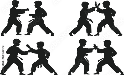 Silhouettes of children practicing karate martial arts in various combat poses for sports training and discipline