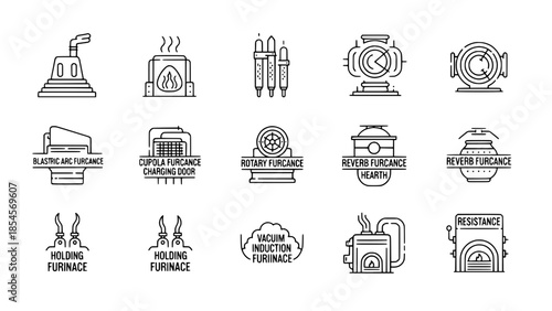 Furnaces showcase types designs equipment in industry line icons collection on white or Industrial furnaces displays manufacturing technology elements in outline icons on white