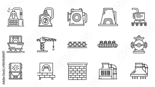 Industrial equipment outlines display various functions in process line or industrial machines showcase manufacturing processes in line art