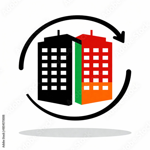 Vector illustration of two skyscrapers puzzle pieces merging and round arrow. Symbol of mergers new
