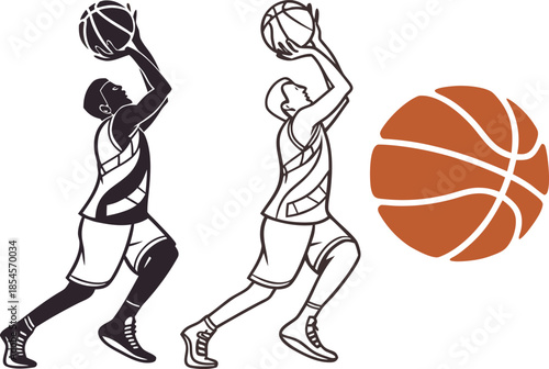 Two Basketball Players Shooting and a Basketball on White Background Keywords: basketball, sport, game, players, shooting, ball, orange, black