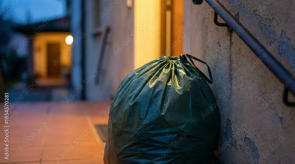 Obraz premium Wet plastic garbage bag left outside a house entrance on rainy evening patio with soft warm doorway light and urban atmosphere