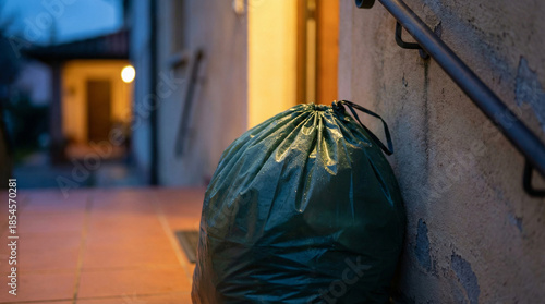 Wet plastic garbage bag left outside a house entrance on rainy evening patio with soft warm doorway light and urban atmosphere