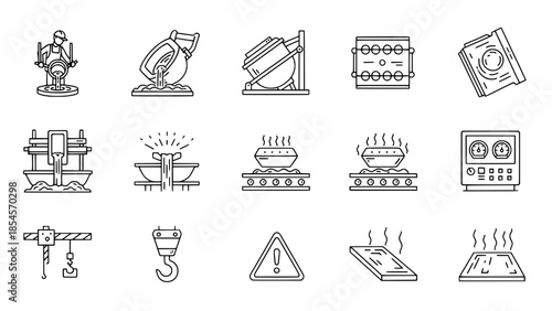 Metallurgy worker pours metal in factory environment or Metallurgy equipment processes steel in industrial background