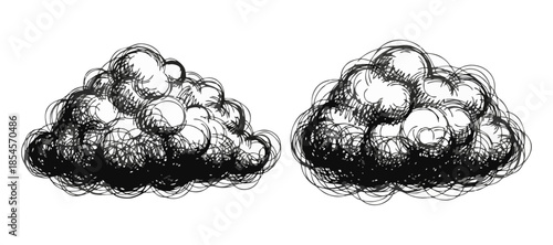 Sketch of two detailed, textured clouds, rendered in a dark, monochrome, hand-drawn style