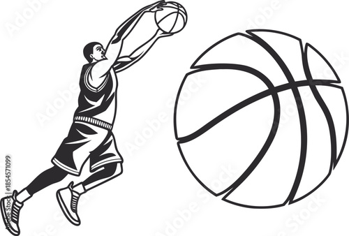 Basketball Player Dunking with a Large Basketball Silhouette on White Background Keywords: basketball, sport, game, player, dunking, slam dunk