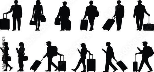 Set of traveler silhouettes with suitcases and backpacks for airport terminal tourism and global vacation travel concepts