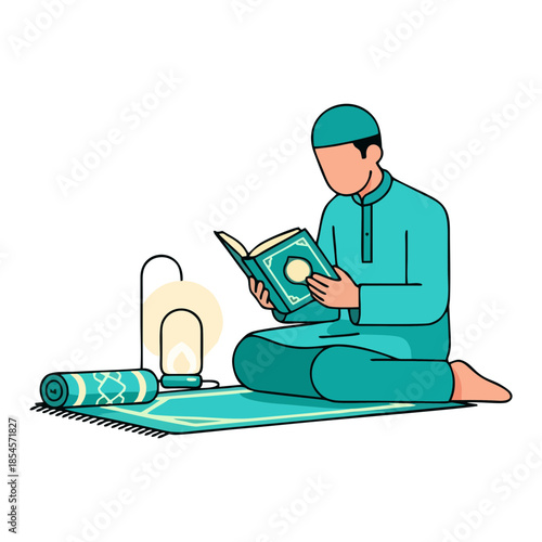 A Muslim man peacefully reads the Quran on a prayer mat next to a lantern, embodying devotion and faith