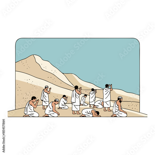 Muslim pilgrims performing sacred rituals in traditional ihram attire amidst a serene desert landscape, symbolizing faith, devotion, and the spiritual journey of Hajj or Umrah