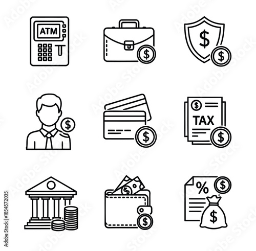 Finance and Banking Icons Set: ATM, Wallet, Credit Card, Tax Forms, Bank, and Money Symbols