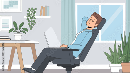 A man in a blue shirt and dark pants relaxing in an ergonomic office chair with a laptop on his lap, taking a break in a home office setting.