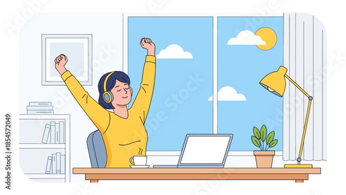 A woman stretching at her home office desk, wearing headphones and enjoying a sunny day.