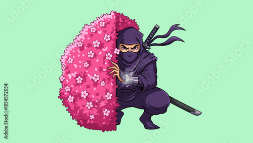 Ninja crouching behind a pink flowering bush, with a sword and throwing star.