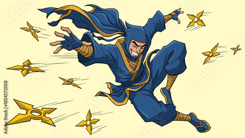 A blue ninja in mid-air throwing golden shurikens, with a determined expression on his face.