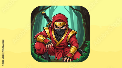 Ninja in red suit crouching in forest, game icon, cartoon style.