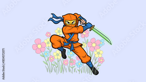 Orange ninja with sword in a field of flowers on a light blue background.