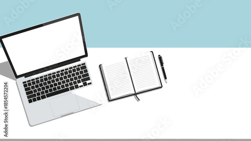Overhead view of a minimalist workspace with a silver laptop, an open notebook, and a pen on a clean white and blue background.