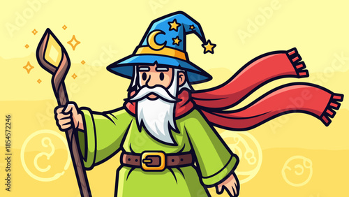 Cartoon wizard with staff, hat, and scarf against a yellow background.