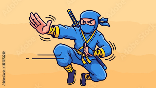A cartoon ninja in a blue suit is jumping with a sword on his back, set against a yellow background.