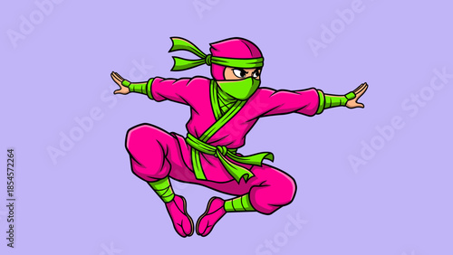 A cartoon ninja in a pink suit with green accents is posed mid-air against a lavender background.