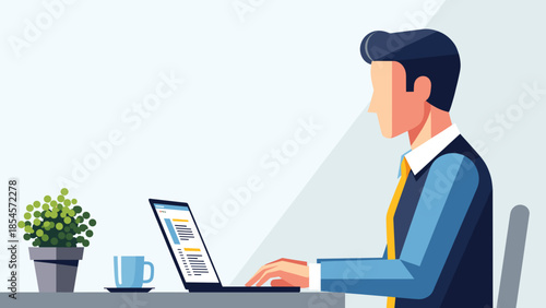 A man in a suit typing on a laptop at a desk with a coffee cup and a plant.