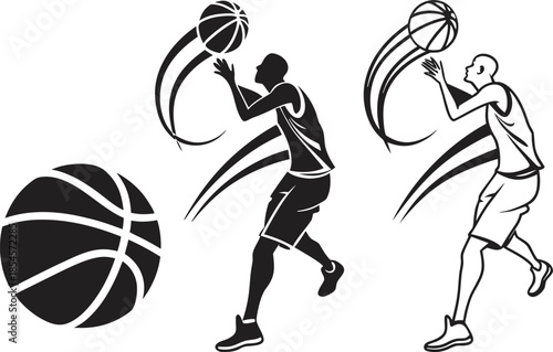 Basketball Players and Ball Silhouette Vector Graphics Keywords: basketball, player, silhouette, sport, game, action, motion, dribble, shoot, jump