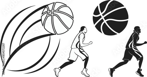 Basketball Players in Motion with Ball and Motion Lines Keywords: basketball, player, silhouette, sport, game, action, motion, dribble, shoot
