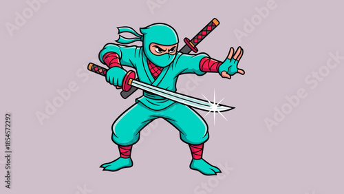 Cartoon ninja with swords in a fighting stance on a light purple background.