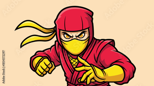 Cartoon ninja with red suit and yellow mask in fighting pose.
