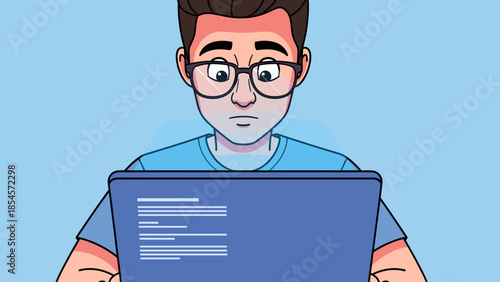 A young man with glasses intensely focused on a laptop screen, with a blue background.