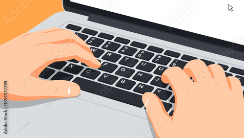 Close-up of a person's hands typing on a laptop keyboard, focusing on the action of writing.