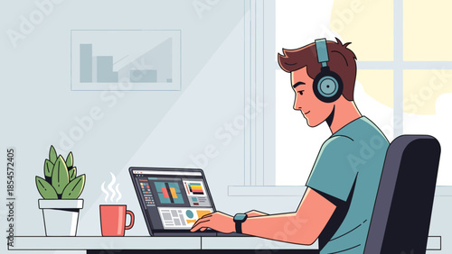 A young man wearing headphones is focused on his laptop while working at a desk with a steaming mug of coffee and a potted plant.