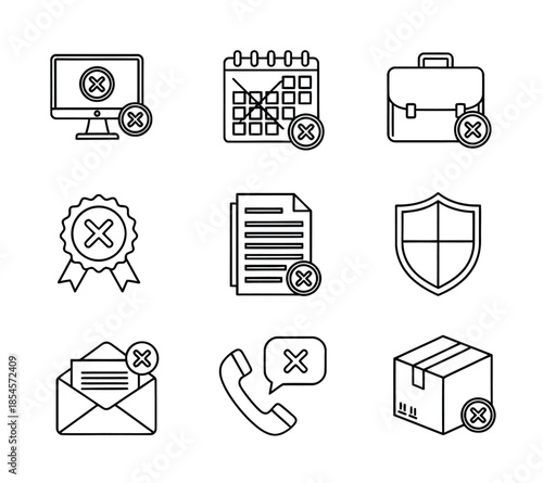 Collection Of Black Line Icons Showing Cancelled Actions For Computers, Documents, Delivery, And Security